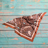 Western Longhorn Print Silky Wild Rag | 36x36 | Mocha & Turquoise