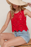 Sleeveless Round Neck Cotton Crochet Crop Tank Top Red