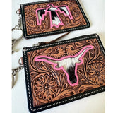 Longhorn Western Cowhide Tooled Leather Keychain Wallet Pink Outline