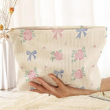 Cream Pink Blue Corduroy Coquette Roses Bows Cosmetic Travel Zipper Bag Pouch