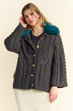 Fluffy Cable Knit Button Front Cardigan with Fuzzy Collar Charcoal Green