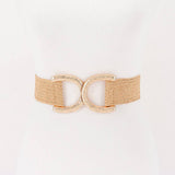 Straw Wide Dual Buckle Elastic Belt - Khaki/Gold