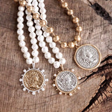 Boho Coin & Pearl Statement Necklace | Mixed Metal Gold & Silver Tone