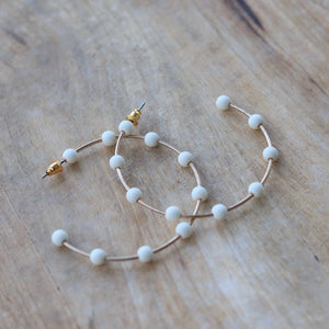 Gold with White Bead Hoop Earrings