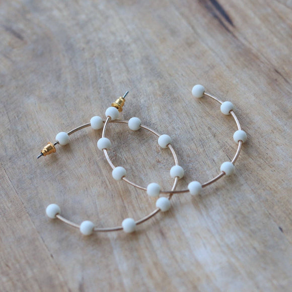 Gold with White Bead Hoop Earrings