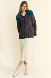 Fluffy Cable Knit Button Front Cardigan with Fuzzy Collar Charcoal Green