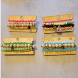 Beaded Stretch Stack Bracelet Set Pink pearl Taupe Tan Gold