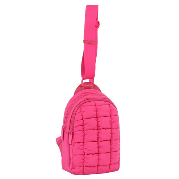 Metro Muse Puffy Quilted Nylon Sling Crossbody Bag Fuchsia