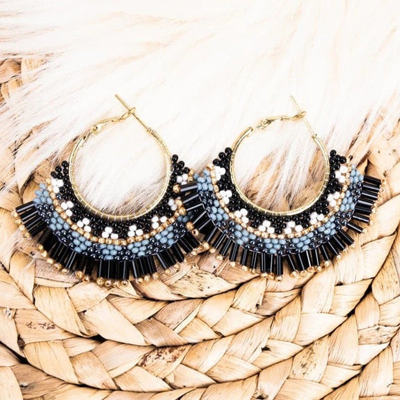 Natalia Black Fringe Goldtone Hoop Earrings