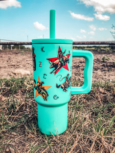 Turquoise Retro Rodeo Western 24oz Stainless Steel Tumbler Cup with Handle