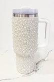 40 oz White Pearl Studded Stainless Steel Tumbler with Handle