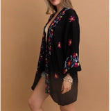 Lightweight Boho Festival Floral Embroidered Anemone Kimono Black