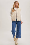 Button Down Quilted Puffer Vest with Pockets Creamy Beige