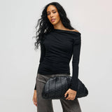 Veronica Woven Vegan Leather Clutch | Black with Gold Hardware & Chain Strap