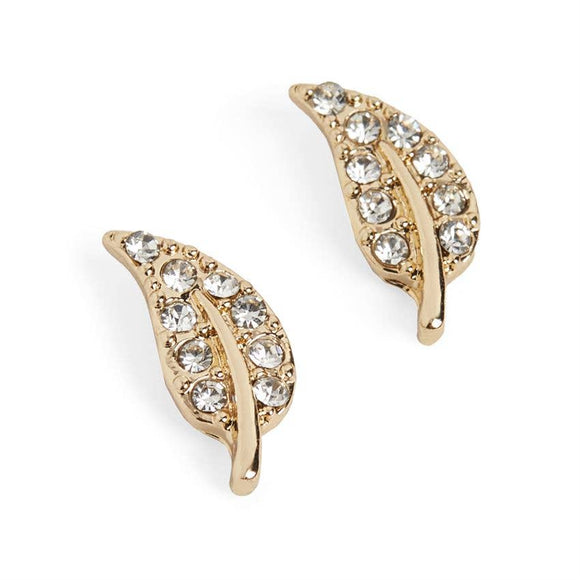 Crystal Jeweled Leaf Stud Earrings - Gold