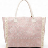 Boho Geometric Elephant Print Fringe Tote Bag in Dusty Pink
