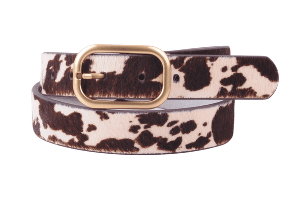 Western Cow Print Leather Calf Hair Belt Rectangular Gold Buckle