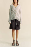 Fringed Textured Stripe Button Front Knit Cardigan Silver Grey