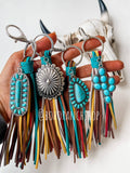 Western Turquoise Brown Tassel Fringe Keychain Round Turquoise Concho