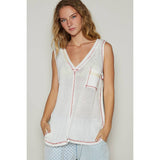Sleeveless V Neck Front Pocket Solid Knit Tank Top Off White