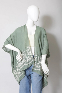 Lightweight Floral Embroidered Tassels Boho Festival Kimono Wrap Sage