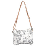 Canvas With Flowers And Fringe Trim Crossbody Bag Purse Blue White Tan