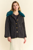 Fluffy Cable Knit Button Front Cardigan with Fuzzy Collar Charcoal Green