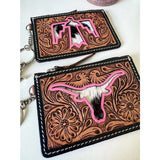 Pink Thunderbird Western Cowhide Tooled Leather Keychain Wallet