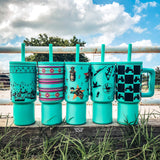 Turquoise Retro Rodeo Western 24oz Stainless Steel Tumbler Cup with Handle