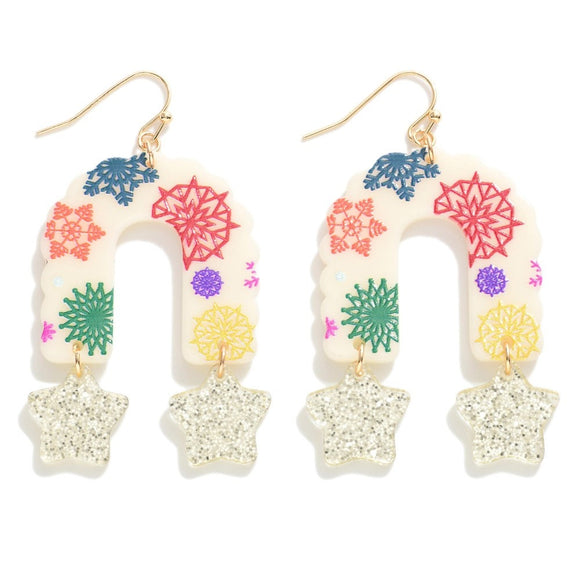 Acrylic Snowflake Garland Arch Drop Earrings with Glitter Star Dangle White