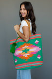 Green, Pink & Orange Western Woven Cotton Tote Bag | Boho Pom Tassel Tote