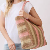 Natural Brown Multicolor Stripe Paper Straw Tote Bag in Pink