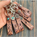 Brown Tooled Leather Keychains Bag Charm Style 3 Silver Sunflower