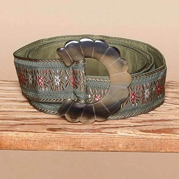 Boho Green Floral pattern Belt with Silver Scallop Buckle