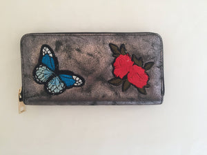 Metallic Gunmetal Zip around Wallet Roses and Butterfly