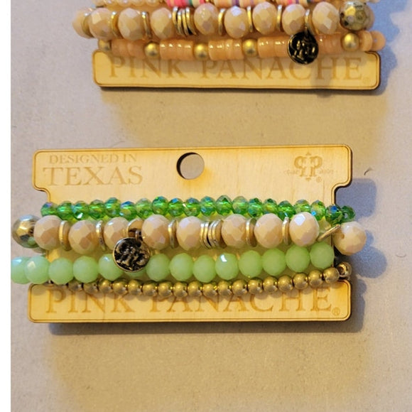 Beaded Stretch Stack Bracelet Set Green Taupe Gold