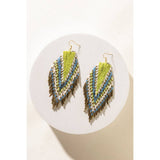 Heritage Feather Beaded Fringe Earrings in Blue, White & Green