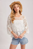 Boho Sheer Crochet Top - 3/4 Sleeve Lace Blouse Ivory