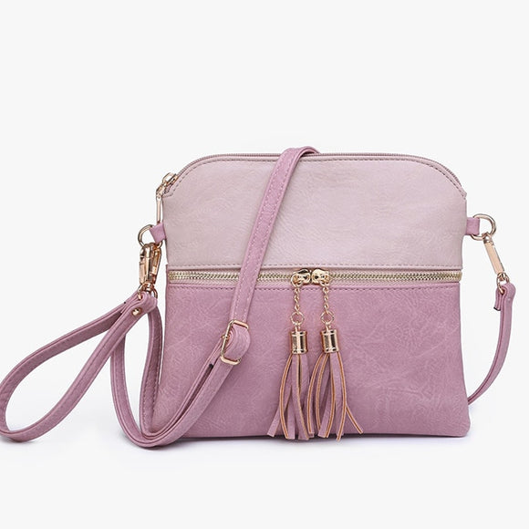 Pink Mauve Two Tone Crossbody Wristlet Front Zip Pocket Tassels