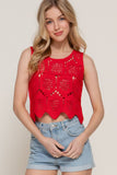 Sleeveless Round Neck Cotton Crochet Crop Tank Top Red