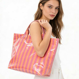 Striped Vinyl Tote Bag — Fuchsia Orange