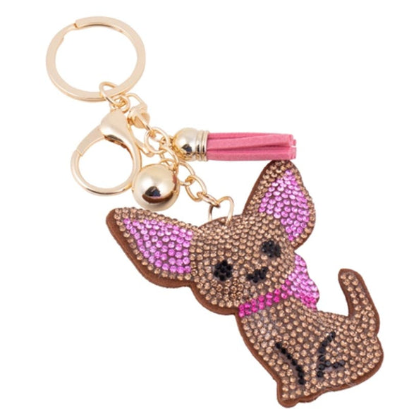 Bling Crystal Brown Pink Chihuahua Dog Tassel Keychain Keyring Bag Purse Charm