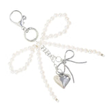 Pearl Silver Bow Heart Keychain Bag Charm