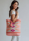 Orange, Pink & Slate Aztec Woven Cotton Tote Bag | Boho Tassel Tote