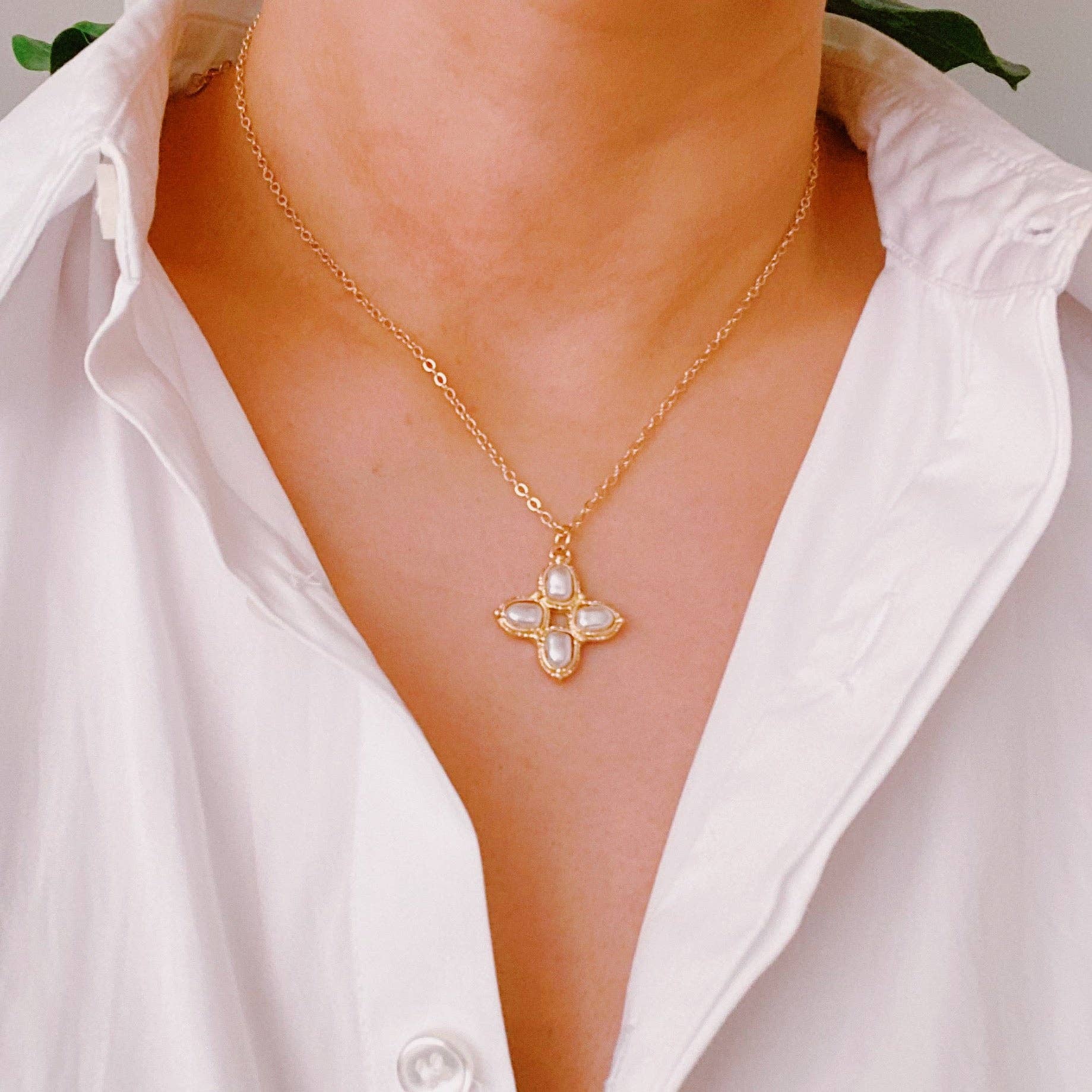 Square Pearl Cross Necklace | Gold Plated