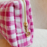 Gingham Cosmetic Case - Pink with Gold Daisy Zipper