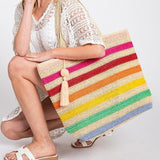 Striped Straw Crochet Tote Bag With Pom Pom Tassel