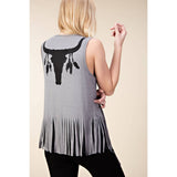 Open Front Draped Vest with Fringe Hem and Bullhead Print in Grey