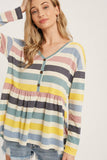Button Front Multicolor Stripe French Terry Babydoll Top