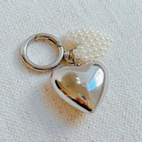 Puff Heart Pearl Heart Bag Charm Keychain Silver